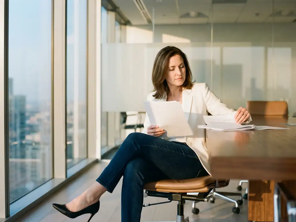 Professionele vrouw in wit jasje en donkere jeans bekijkt documenten aan modern kantoorbureau bij raam