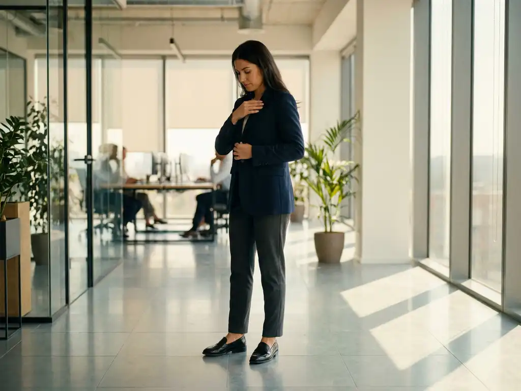 Professionele zakenvrouw past marineblauwe blazer aan in modern kantoor met natuurlijk daglicht