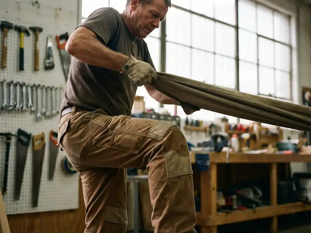 Bouwvakker test duurzaamheid werkbroek door stof te rekken in werkplaats met gereedschap op achtergrond