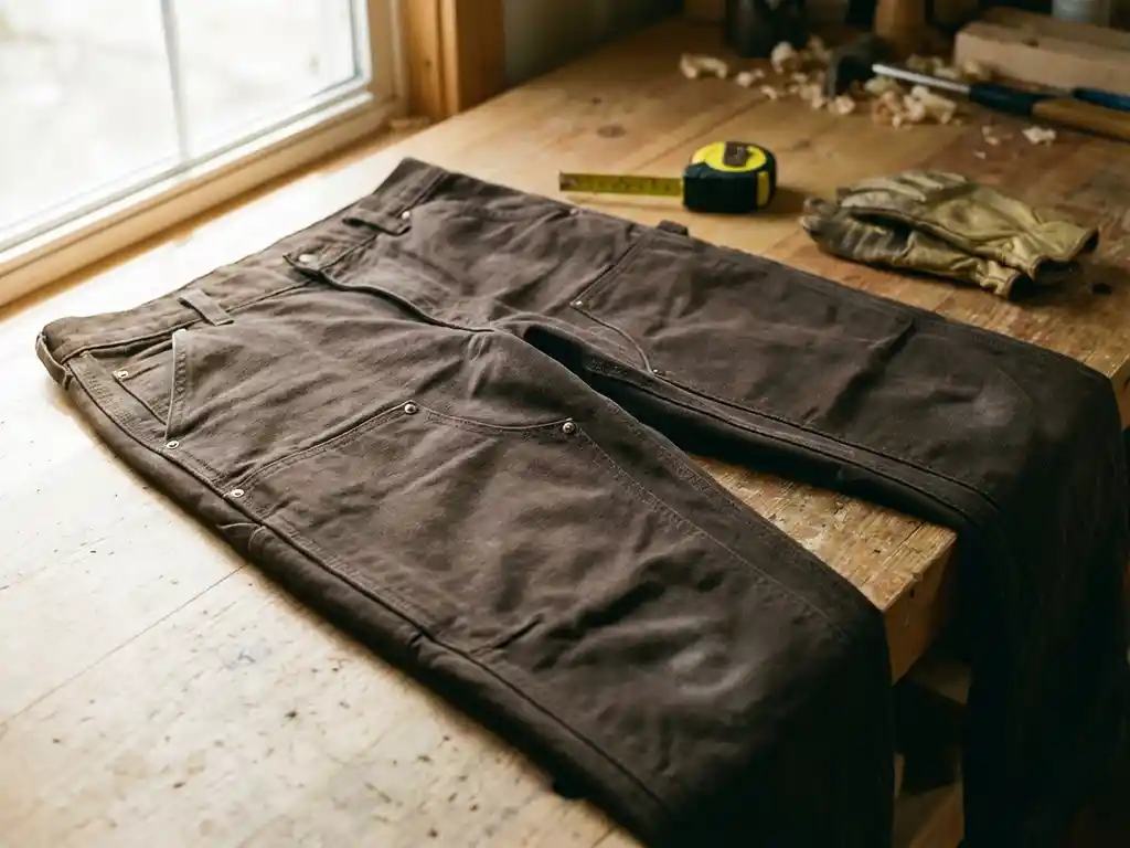 Duurzame werkbroek met verstevigde knieën en zakken op houten werkbank, meetlint en handschoenen ernaast