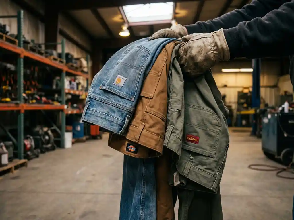 Bouwvakker toont verschillende werkbroeken van denim, canvas en ripstop materialen in industriële werkplaats