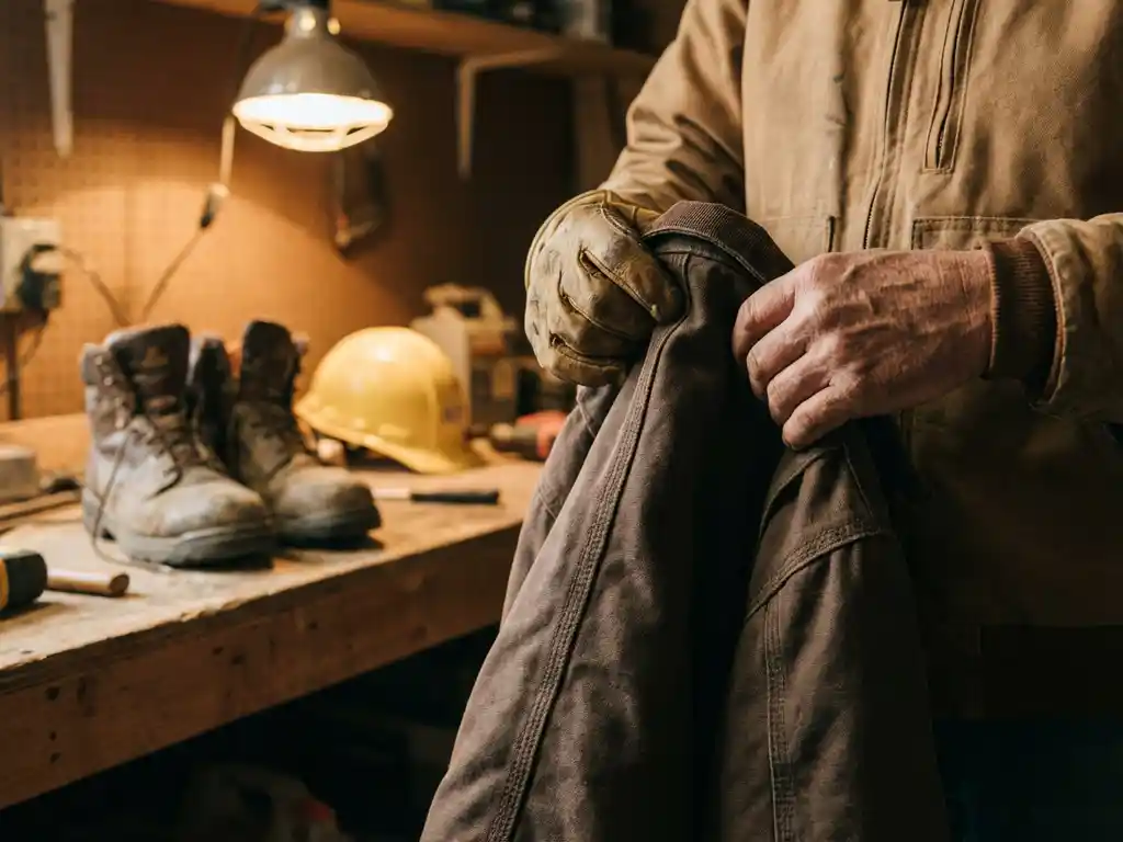 Bouwvakker onderzoekt kwaliteit werkjas met gedetailleerd stikwerk, veiligheidsschoenen en helm op houten werkbank