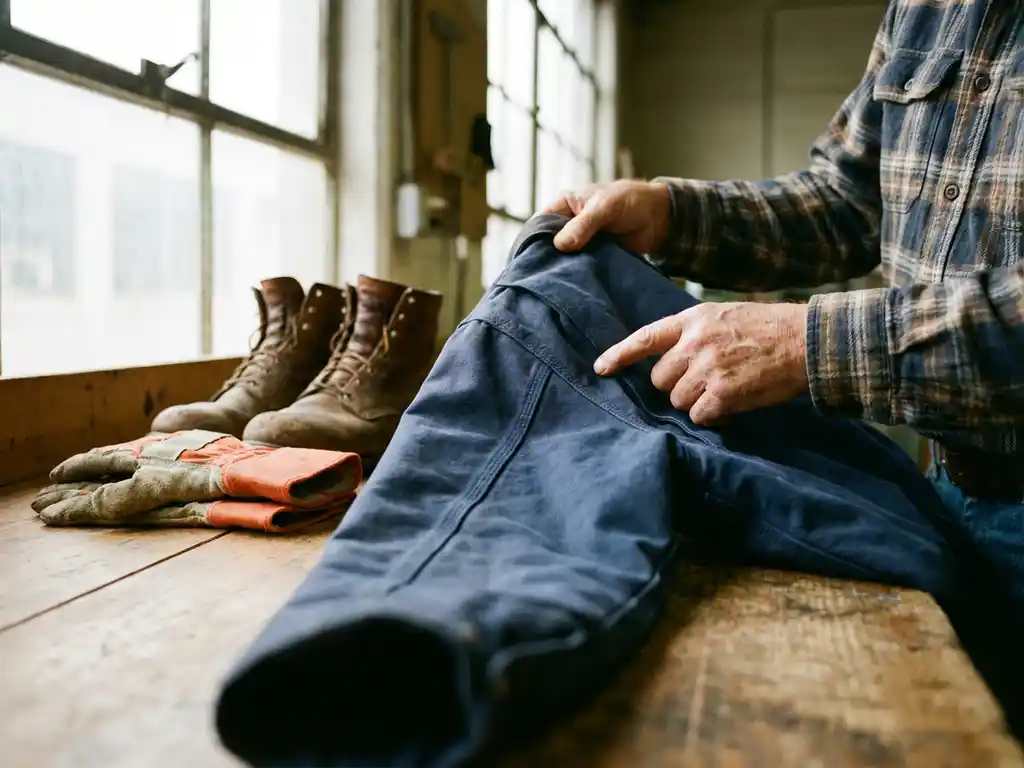 Professionele handen onderzoeken hoogwaardige werkkleding met marineblauw jack, werkschoenen en handschoenen op houten werkbank