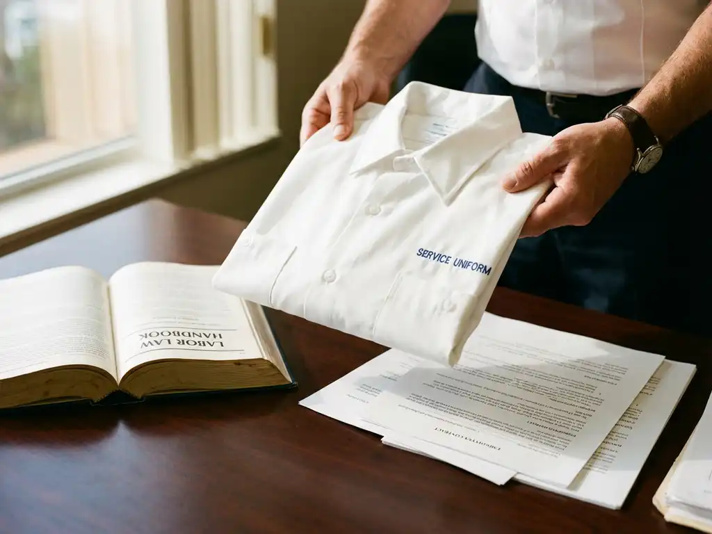 Zakenpersoon houdt wit werkhemd vast aan bureau met arbeidsrecht handboek en contractdocumenten eronder