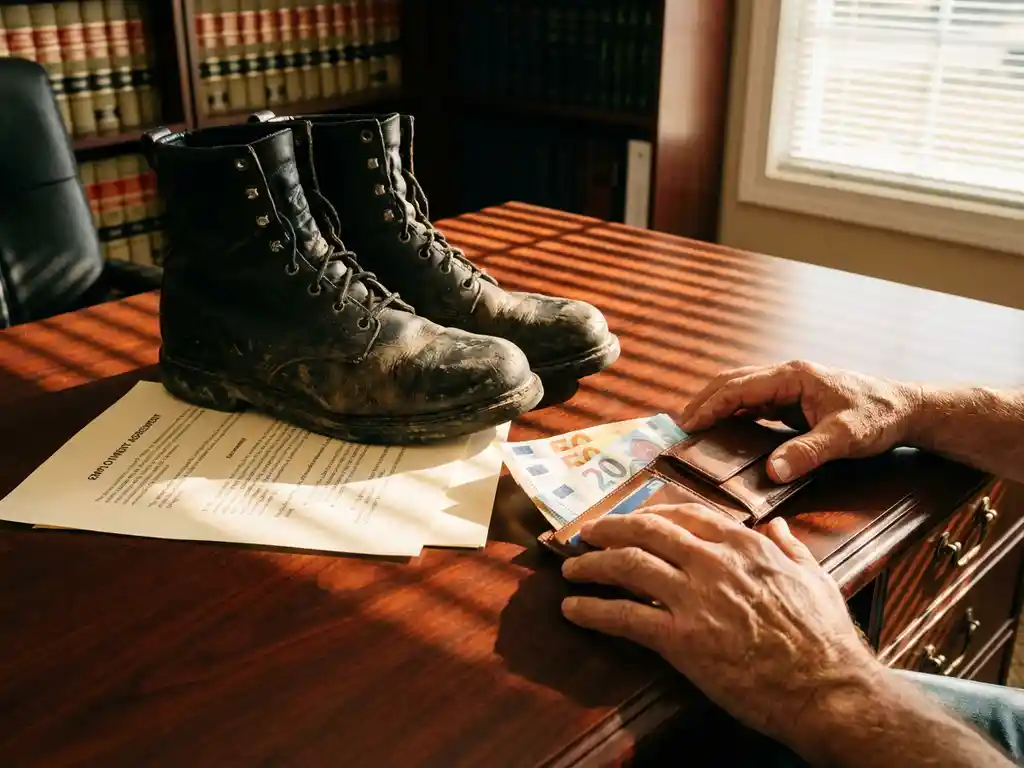 Zwarte werkschoenen op bureau naast portemonnee met euro's en arbeidscontract, handen reiken naar geld