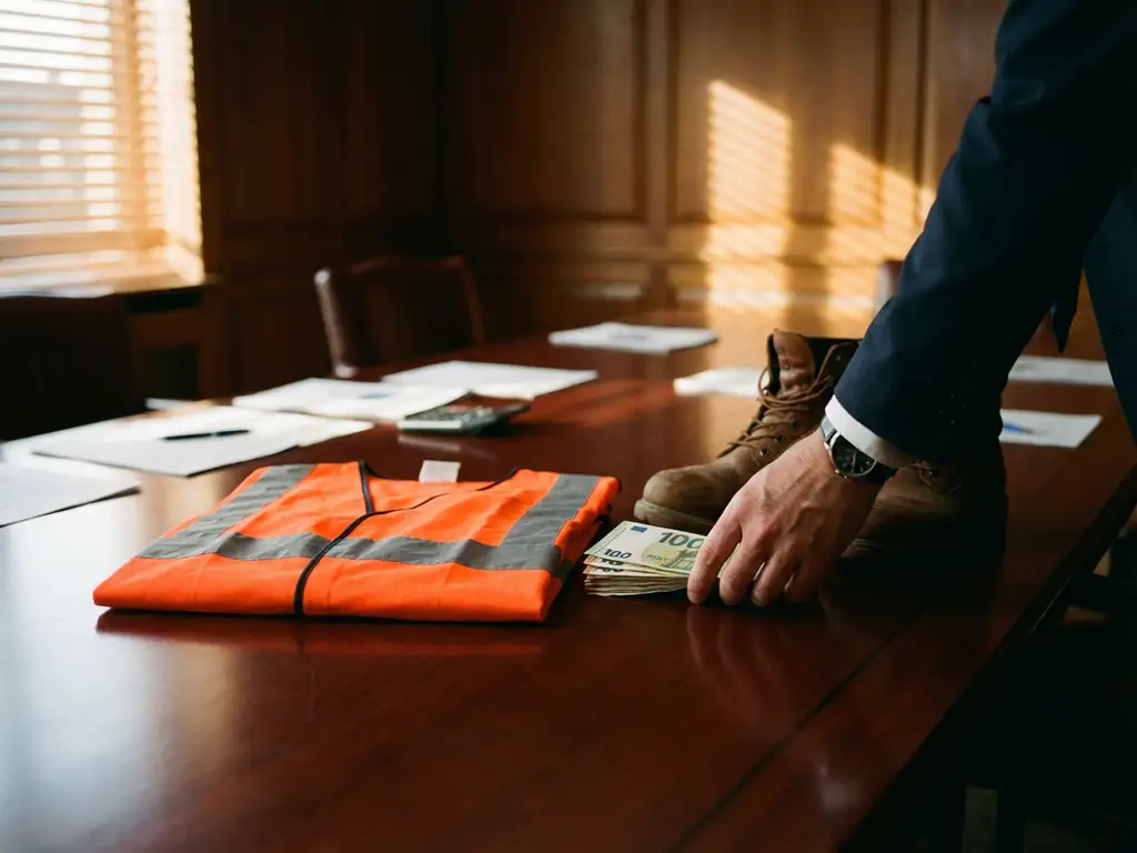 Zakenman plaatst eurobiljetten naast veiligheidsvest en werkschoenen op vergadertafel met arbeidscontract