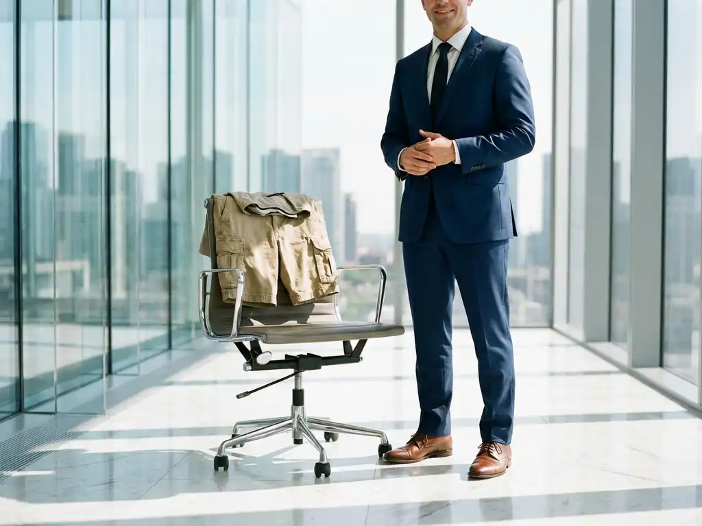 Zakenman in marineblauw pak staat zelfverzekerd in modern kantoor naast casual khaki short op stoel