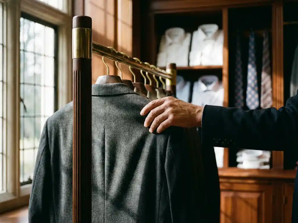 Zakenman selecteert grijze pak van luxe kledingrek met overhemden en stropdassen in mahonie kledingkast