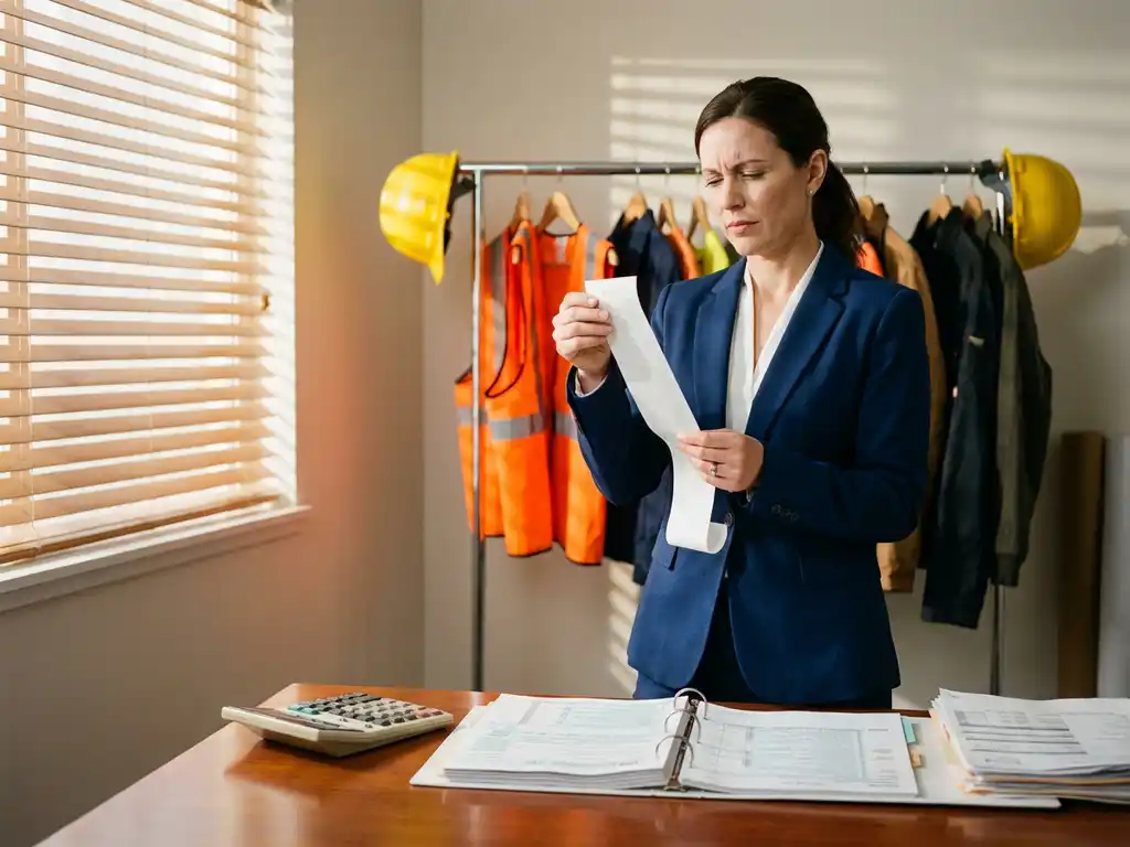 Zakenvrouw in marineblauw jasje bekijkt bon naast werkkleding rek, rekenmachine en belastingdocumenten op bureau