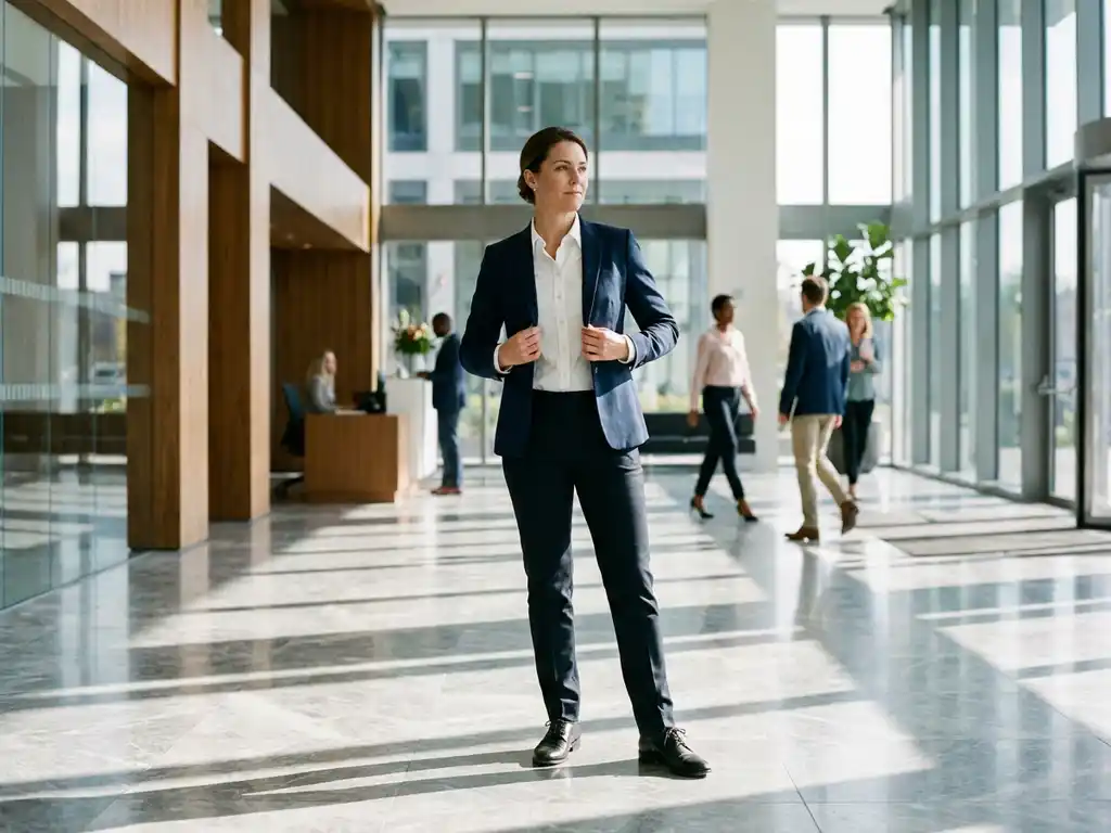 Professionele zakenvrouw past marineblauw jasje aan in moderne kantoorlobby met collega's op achtergrond