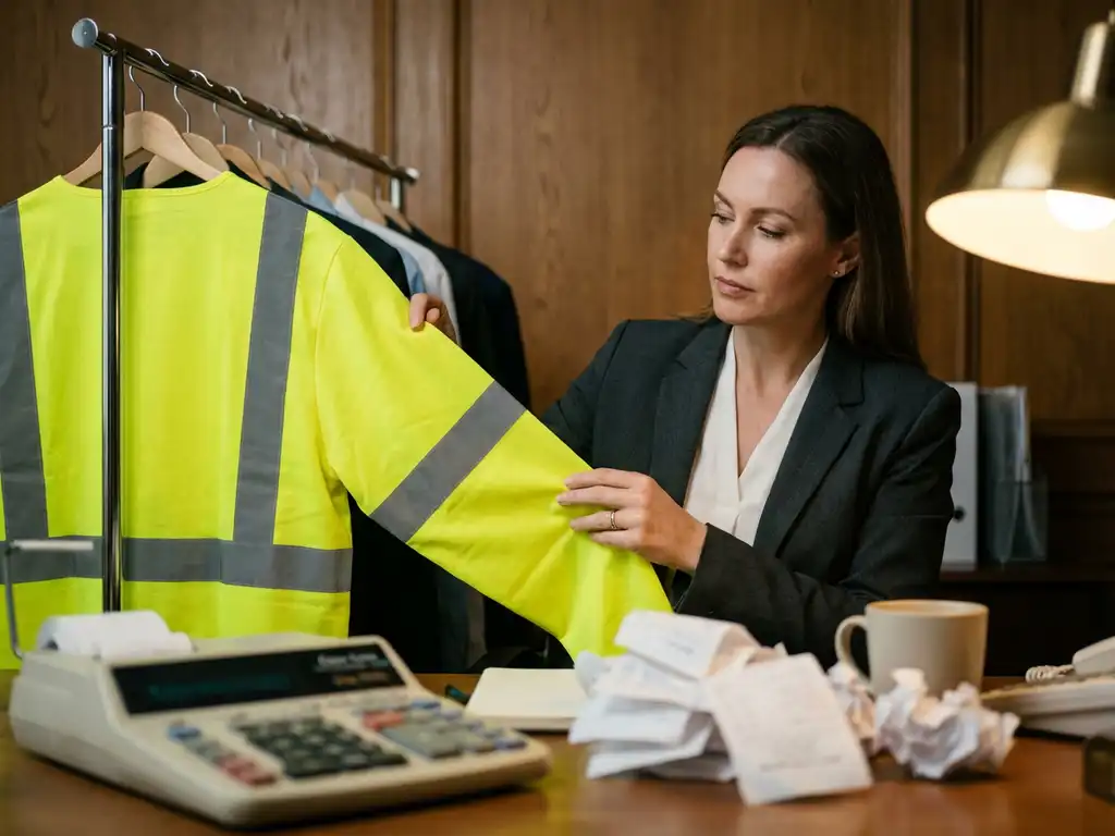 Professionele zakenvrouw onderzoekt werkkleding op kledingrek, hand op veiligheidsvest, calculator en bonnen op bureau