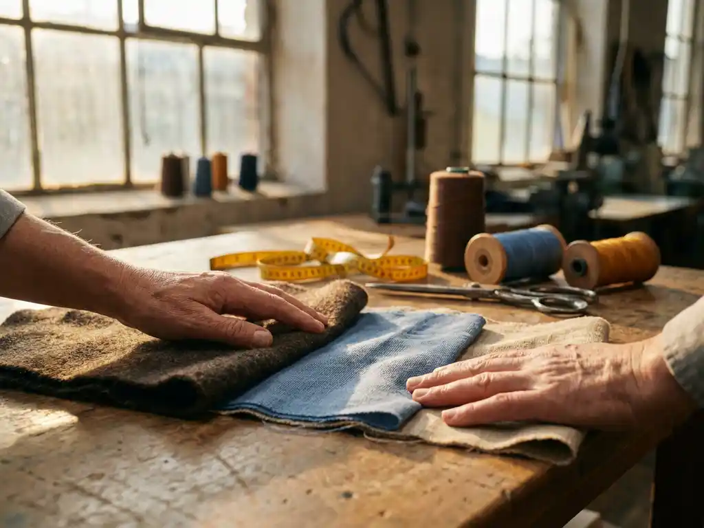 Textielvakman onderzoekt drie verschillende stoffen op houten werkbank met meetlint, schaar en garenspoelen