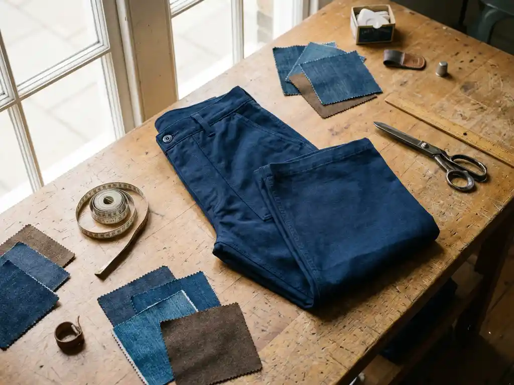 Donkerblauwe werkbroek op houten werkbank met meetlint, stoffenstalen en kleermakergereedschap in natuurlijk licht
