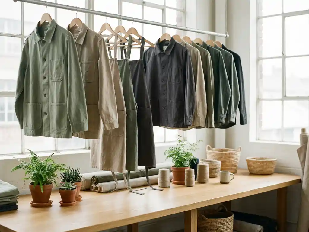 Hoogwaardige werkuniformen van biologisch katoen hangen aan houten hangers in een lichte textielwerkplaats met natuurlijke materialen