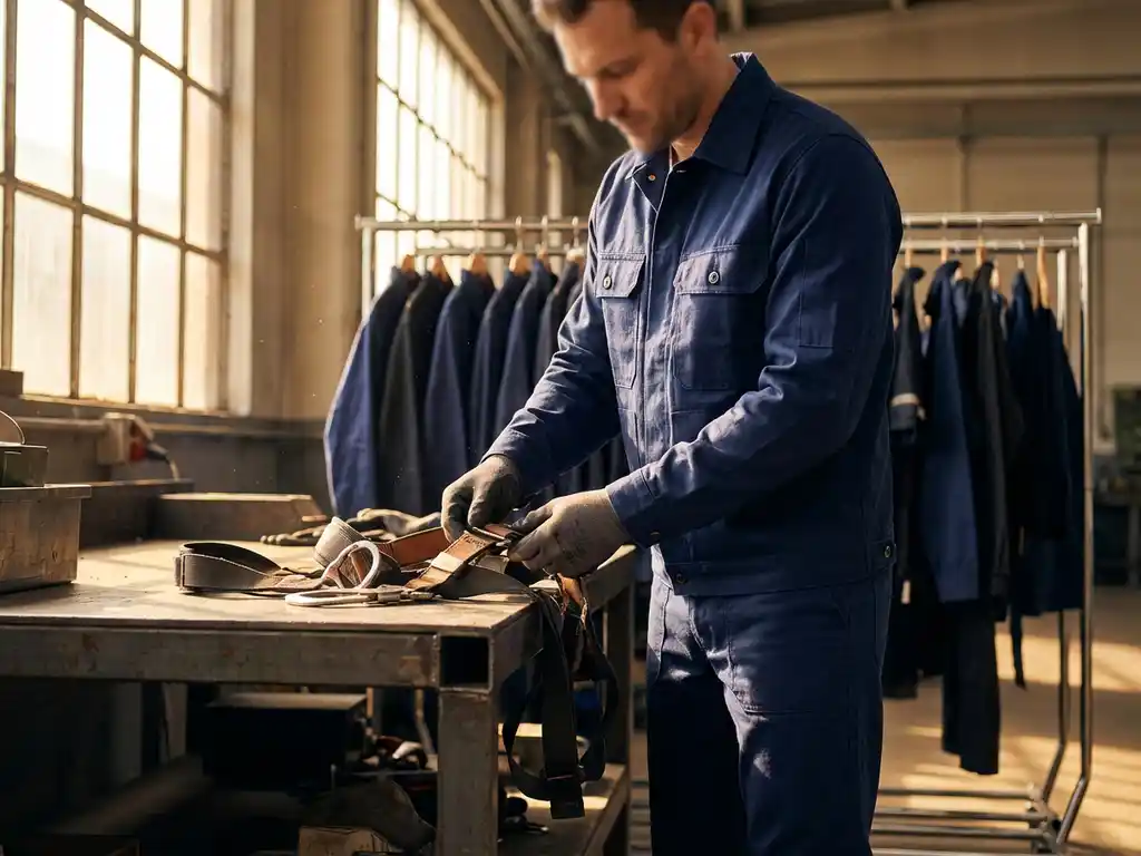 Professionele werker in marineblauw werkkleding past veiligheidsuitrusting aan op moderne industriële werkbank