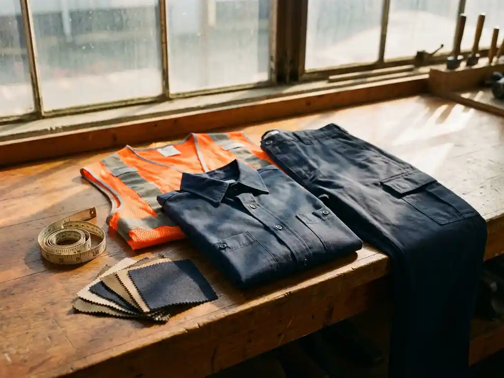 Professionele werkkleding op houten werkbank met veiligheidsvest, marineblauw werkshirt en cargobroek, meetlint en stofstalen