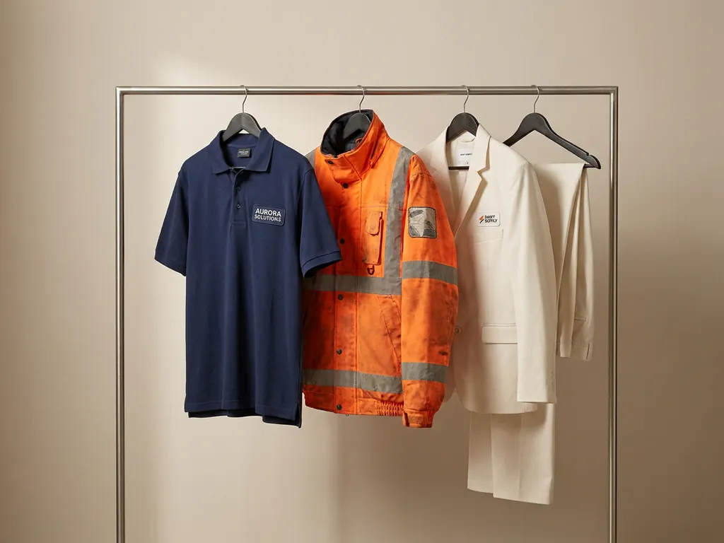 Drie werkkleding items op stalen rek: corporate polo, oranje veiligheidsjack en logistiek uniform in navy, oranje en wit.