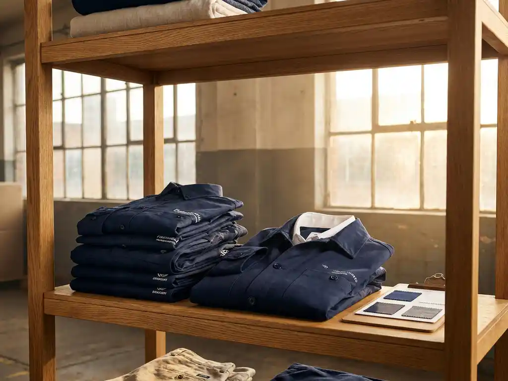Gevouwen bedrijfskleding in marine en wit op een houten magazijnplank, met een geperst jasje en staalkaart in warm natuurlijk licht.
