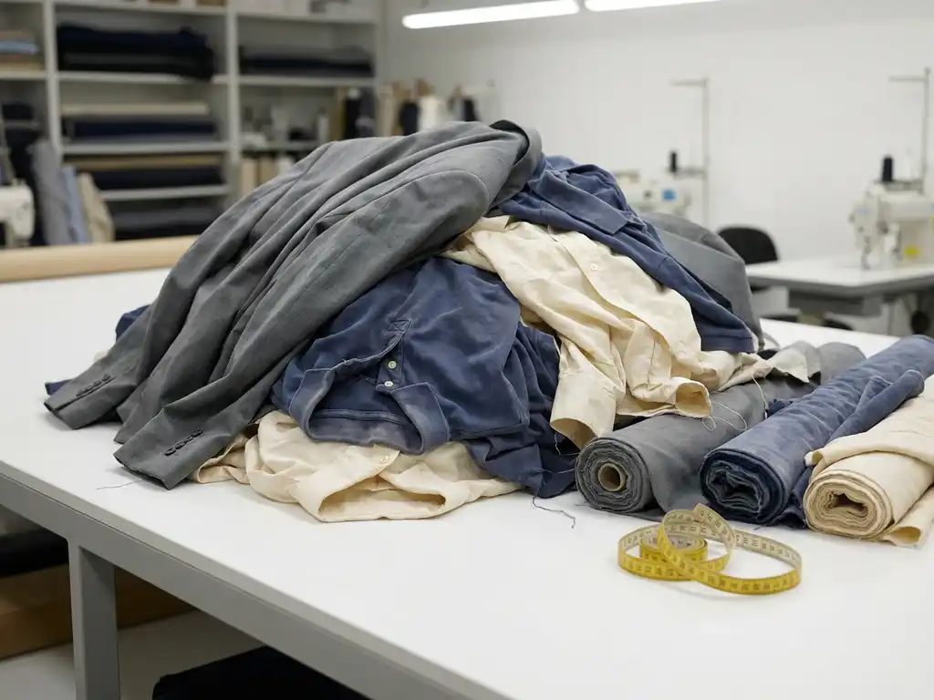 Versleten bedrijfskleding met slecht passende jasjes en vervaagde polo's op een witte snijttafel in een professioneel atelier.