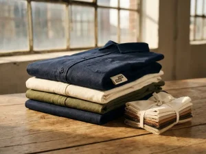 Gevouwen stapel duurzame bedrijfskleding in marineblauw en ivoor met Fair Wear-certificeringstag en biologische katoenen stalen op houten ondergrond.