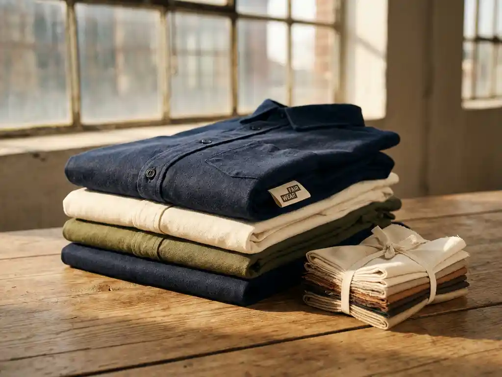 Gevouwen stapel duurzame bedrijfskleding in marineblauw en ivoor met Fair Wear-certificeringstag en biologische katoenen stalen op houten ondergrond.