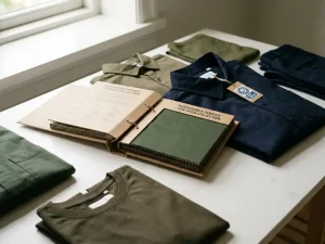 Open staalboek met duurzaamheidscertificering op wit bureau, omringd door gevouwen bedrijfskleding in groen en marineblauw met Fair Wear-label.