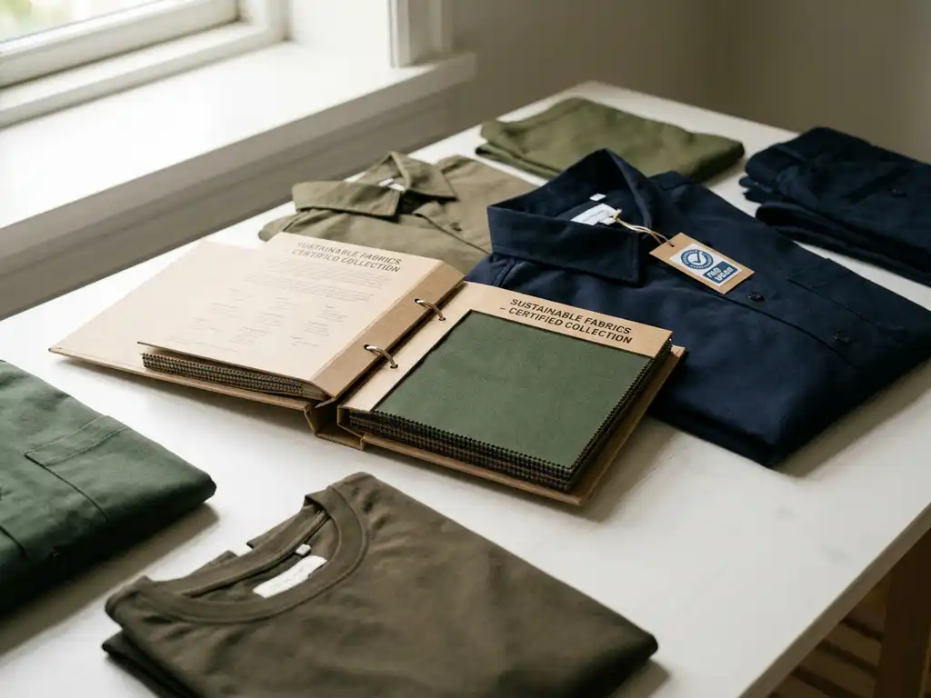 Open staalboek met duurzaamheidscertificering op wit bureau, omringd door gevouwen bedrijfskleding in groen en marineblauw met Fair Wear-label.