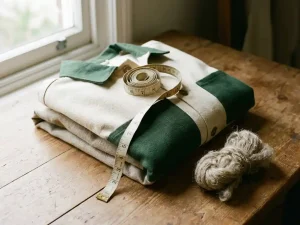 Gevouwen duurzame werkjas van organische stof naast ruwe textielvezels op houten tafel, met meetlint en zacht ochtendlicht.