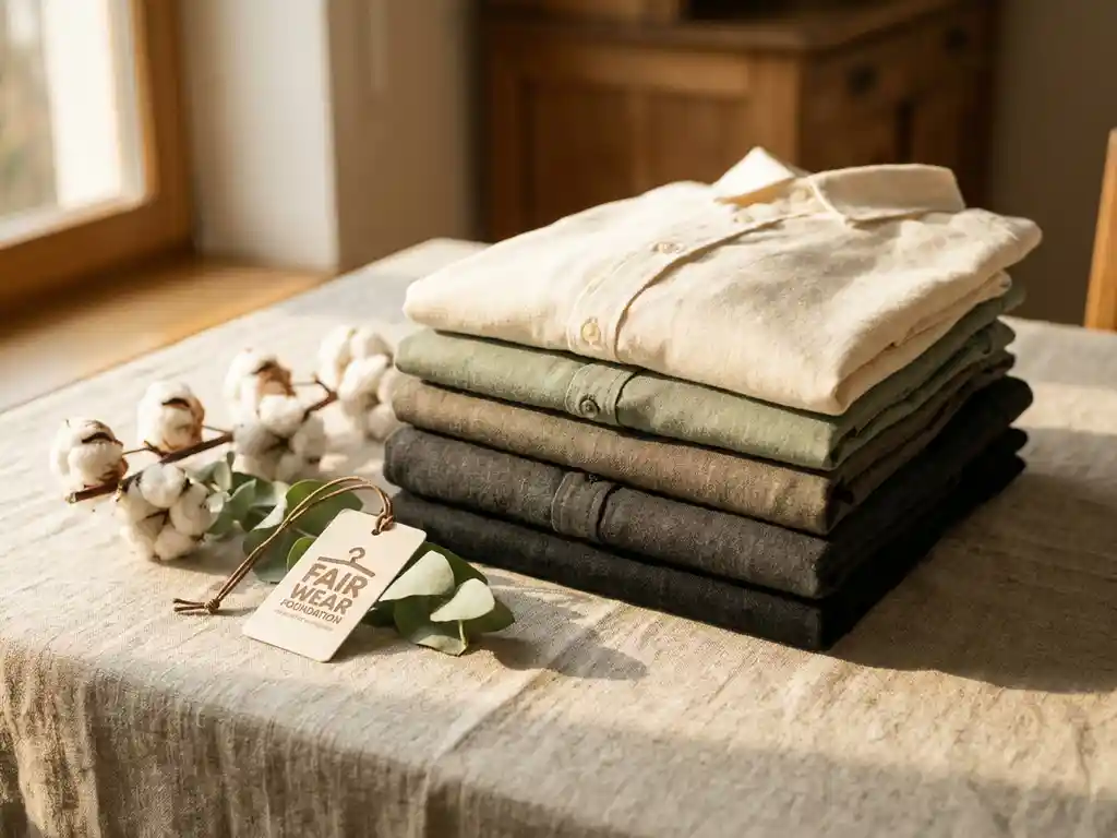 Gevouwen stapel aardse bedrijfskleding op linnen ondergrond met Fair Wear-certificeringstag en organische katoentakjes.