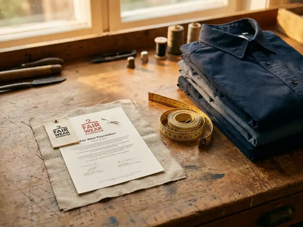 Fair Wear-certificeringsdocument op linnen stof naast gevouwen bedrijfskleding in marineblauw en leisteengrijs op een houten werkbank.