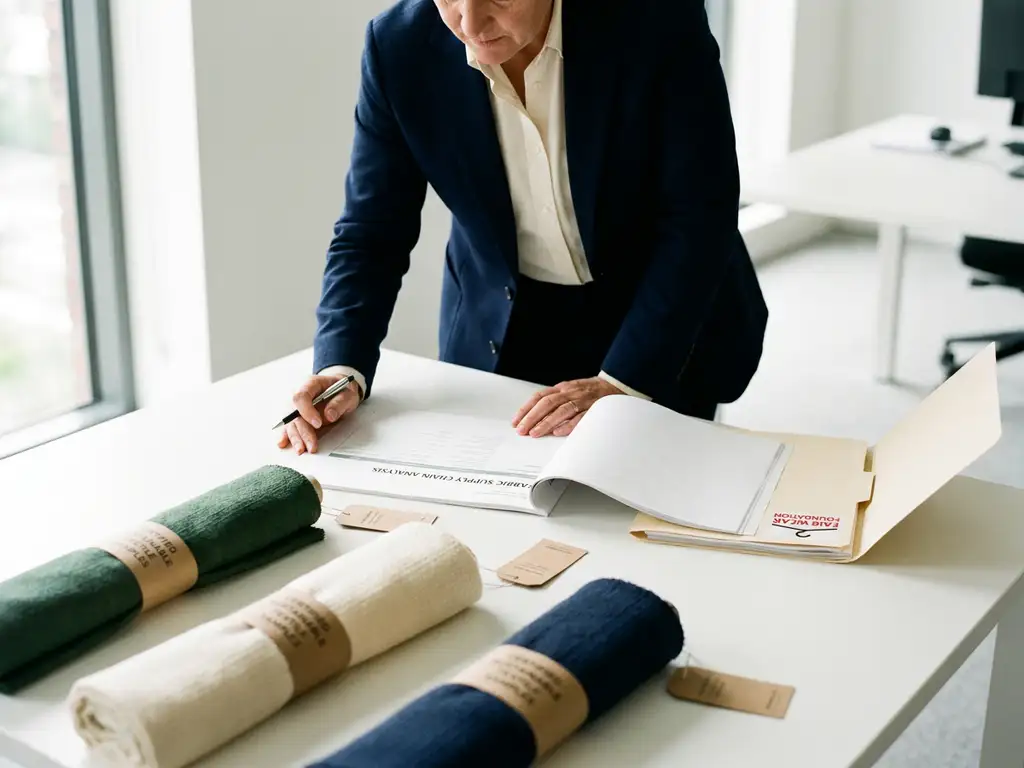 Inkoopmedewerker bekijkt duurzaam textieldocument aan bureau met stofrollen en Fair Wear Foundation-compliance map in daglicht.