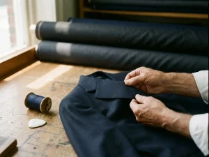 Kleermaker inspecteert stiksels van een marineblauw zakelijk jasje, met draadklos en kleermakerkrijt op een snijttafel.