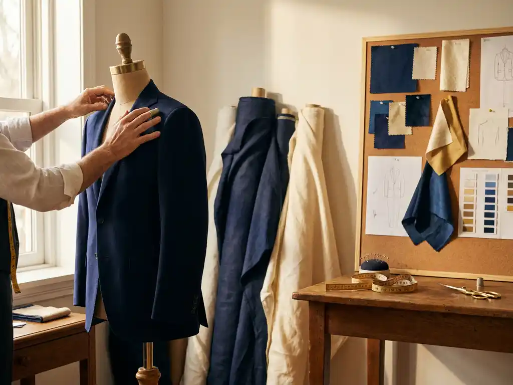 Kleermaker past een maatpak aan op een mannequin, omringd door stoffen, meetlint en merkkleurstalen in marineblauw en ivoor.