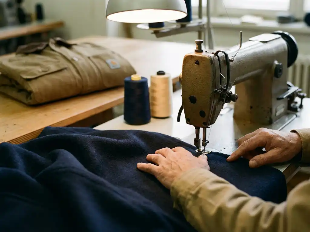 Kleermaker stuurt donkerblauwe stof onder industriële naaimachine, met draadklosjes en gevouwen werkjas op de snijttafel op de achtergrond.
