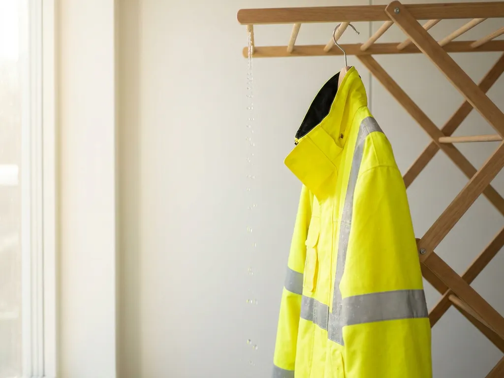 Felgeel veiligheidsvestje met zilveren reflecterende strepen hangend aan een houten droogrek, verlicht door zacht natuurlijk daglicht.