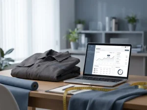 Gevouwen werkjas naast een laptop met data-dashboard, met stofstaal en meetlint op een modern bureau in leisteen- en houtskoolkleuren.