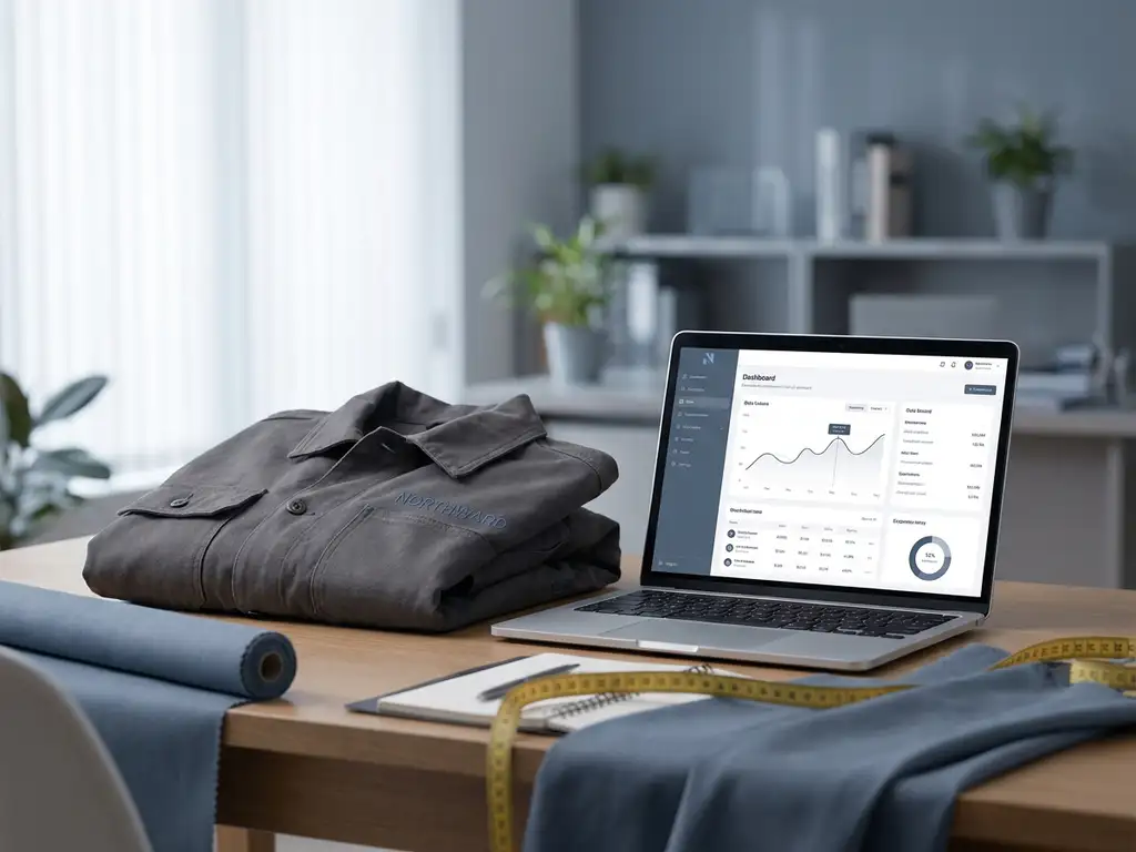 Gevouwen werkjas naast een laptop met data-dashboard, met stofstaal en meetlint op een modern bureau in leisteen- en houtskoolkleuren.