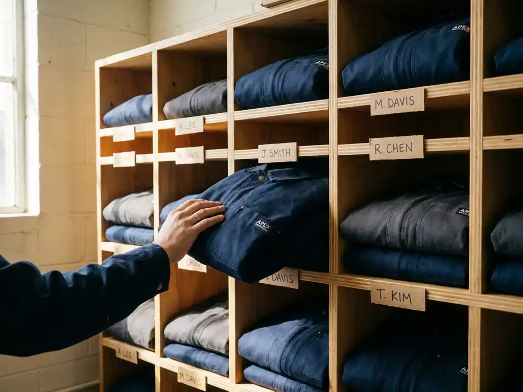 Opslagkast met gevouwen werkjassen gesorteerd op gelabelde vakken, één jas half uitgetrokken door een hand.
