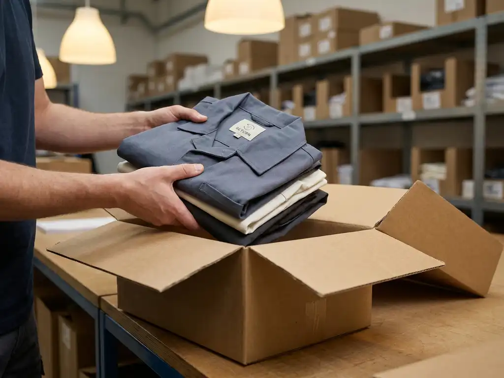 Netjes gevouwen stapel professionele werkkleding die in een kartonnen retourverpakking wordt geplaatst, met zichtbaar stoflabel op jaskraag.
