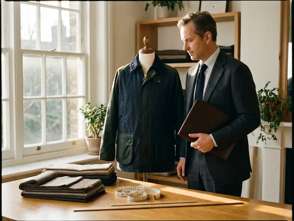 Professional in pak naast kleermakerspop met marineblauw en groen bedrijfskleding, stoffen en meetlint op eikenhouten bureau.