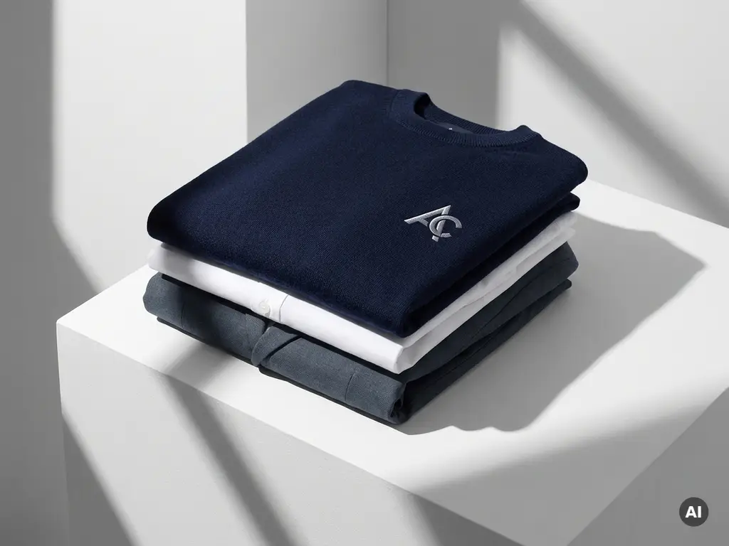 Netjes gevouwen stapel premium bedrijfskleding in marineblauw, wit en leisteengrijs met geborduurd logo op bovenstuk.