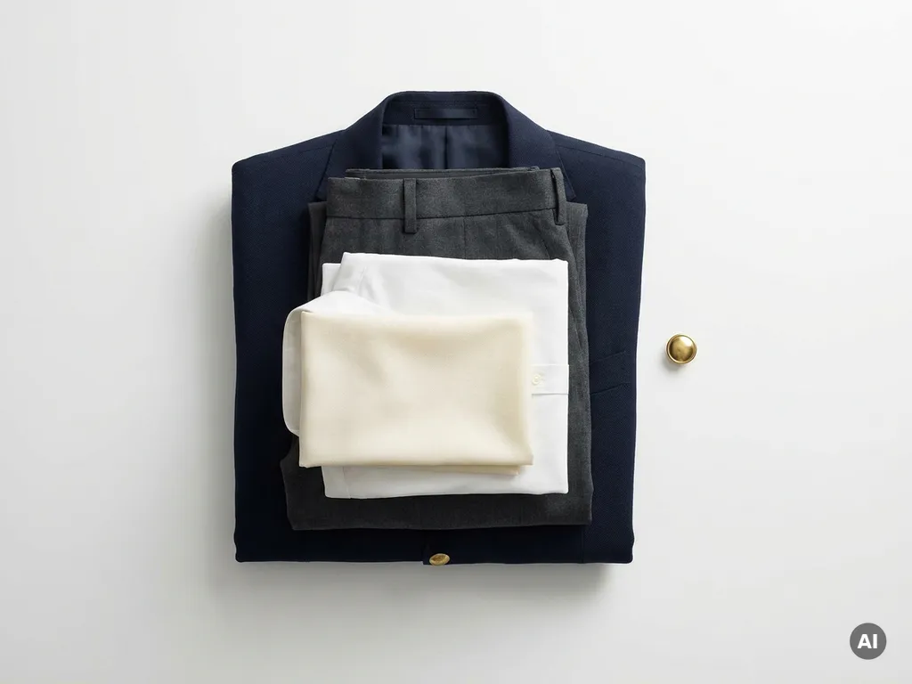 Netjes gevouwen marineblauw en antraciet bedrijfsuniformen op wit oppervlak naast een gepolijste messing knoop.