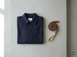 Donkerblauwe bouwjack met geborduurd logo, gevouwen op betonnen ondergrond naast een versleten leren meetlint, overhead flat lay.