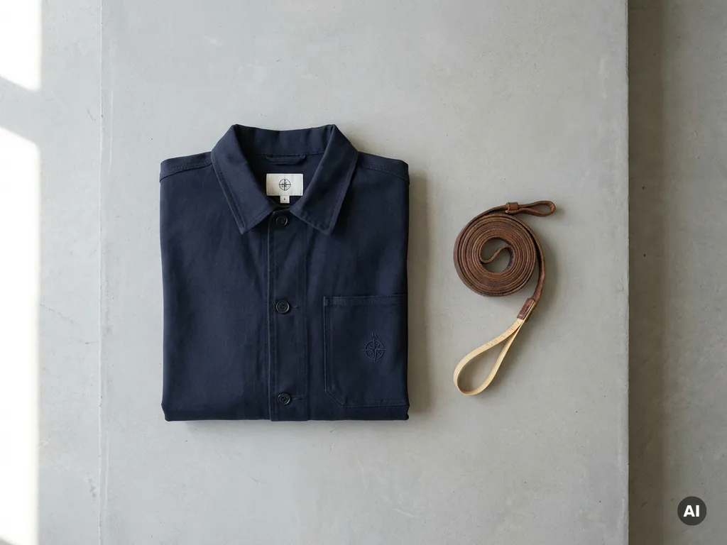 Donkerblauwe bouwjack met geborduurd logo, gevouwen op betonnen ondergrond naast een versleten leren meetlint, overhead flat lay.