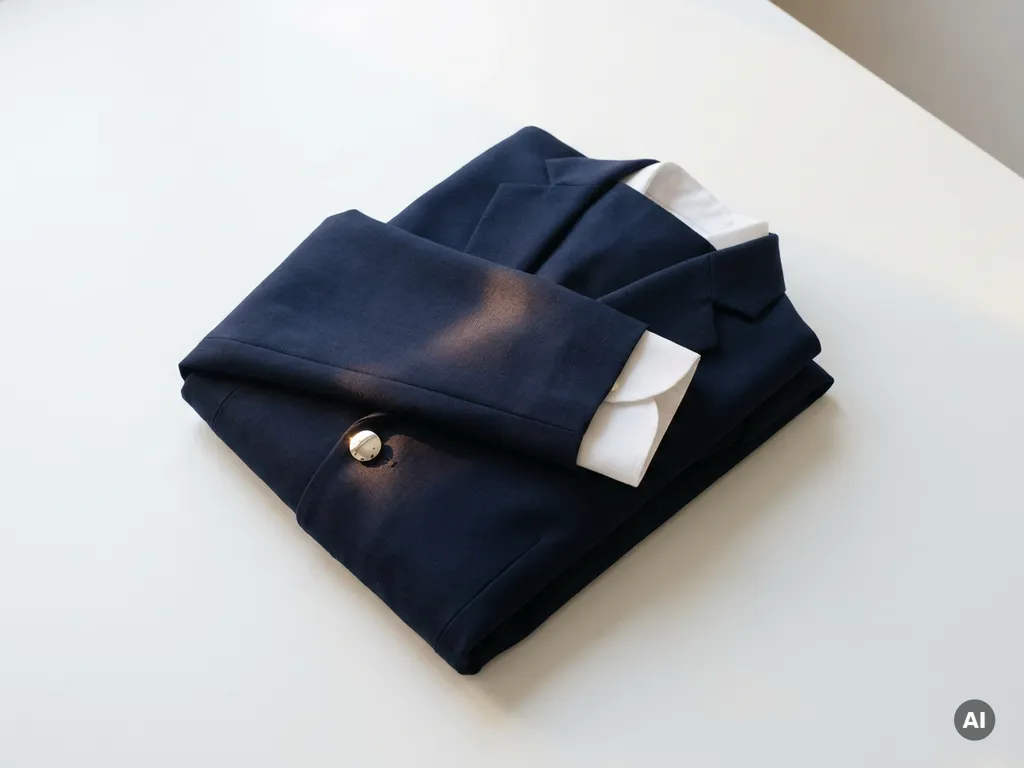Gevouwen marineblauw chauffeursjasje met glanzende zilveren knoop op wit oppervlak, studiobelichting benadrukt premium stofkwaliteit.
