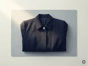 Donkerblauwe chauffeursjasje netjes gevouwen met geperste kraag en glanzende zilveren knoop op lichtgrijze ondergrond.
