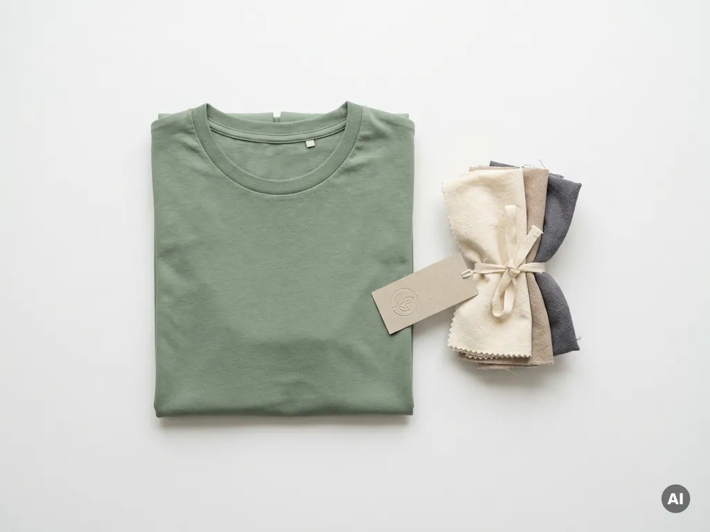 Gevouwen duurzaam retailuniform in saliegroen naast katoenen stofstalen en certificeringstag, overhead flatlay op wit oppervlak.