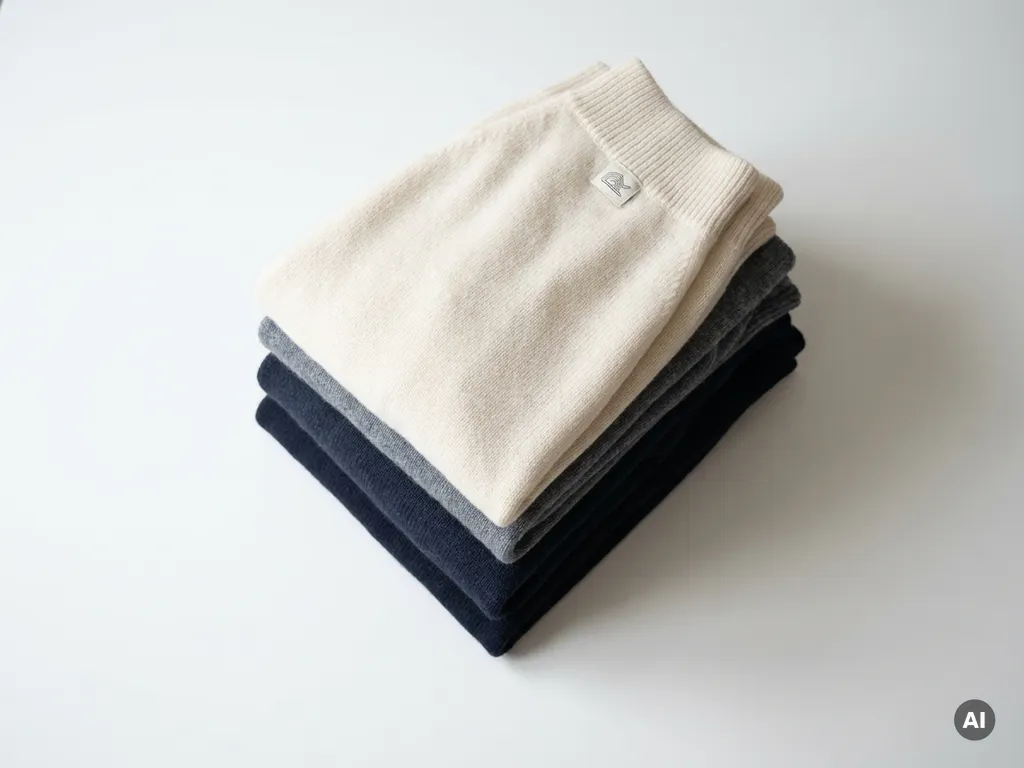 Gevouwen stapel premium kleding in ivoor, leisteengrijs en donkerblauw met subtiel geweven label, gefotografeerd van bovenaf op wit oppervlak.
