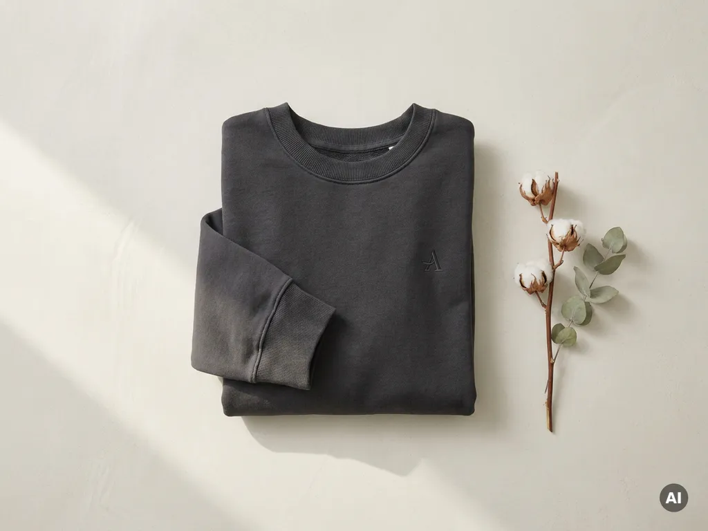Gevouwen antraciet crew-neck sweater met geborduurd logo op ivoren ondergrond, gestyled naast een katoentakje in minimalistisch flatlay.
