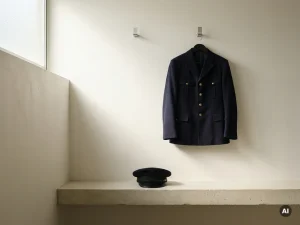 Geperst marineblauw uniform jasje aan stalen haak in transportdepot, chauffeurspet op betonnen plank eronder, zacht daglicht.